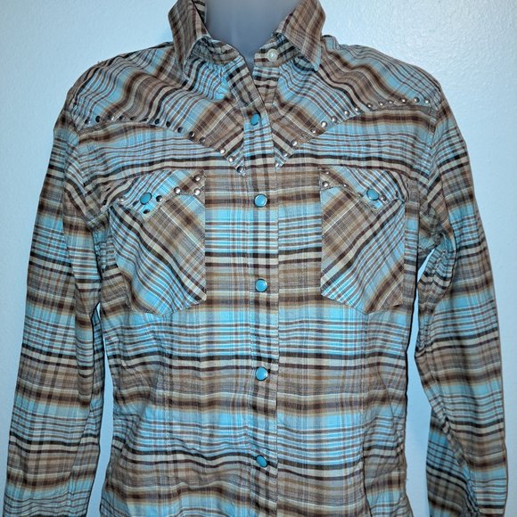 Rough Stock Tops - ROUGH STOCK~PANHANDLE SLIM~WOMEN'S PEARL SNAP~PLAID WESTERN SHIRT W/STUDS~M